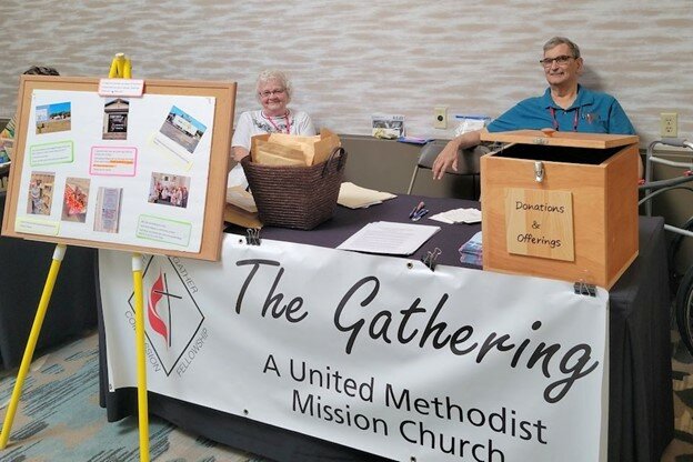 Pastor Ray McClintic and Anita Corlew, the director of the Compassion Counts Food Pantry, participated in the Ministry Fair at the 2023 Michigan Annual Conference of The United Methodist Church. McClintic had knee surgery the week before the conference. His colleague, the Rev. Jim Noggle, shared the story of The Gathering during a panel presentation on stage.